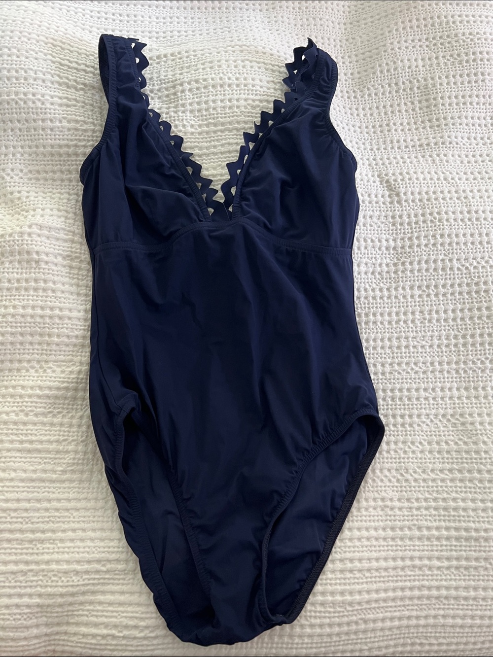 Scalloped V-Neck Navy One-Piece Swimsuit